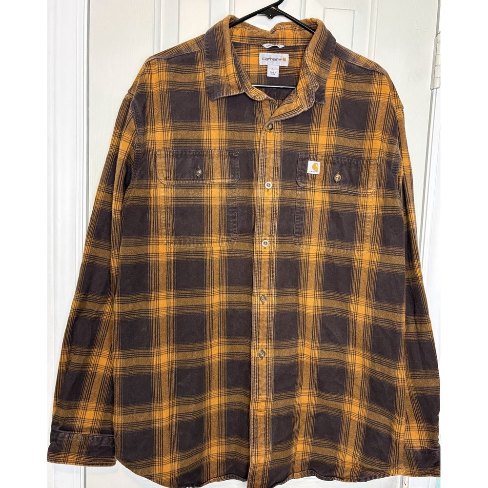 Carhartt Flannel Shirt Mens Large Gold Orange Brown Plaid Original Fit Workwear